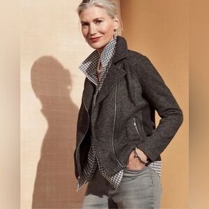 CHICOS Gray Boiled Wool Blend Knit Zip Front Moto Biker Jacket Coat Size Medium
